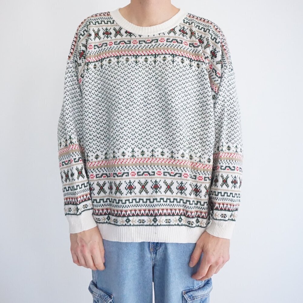 Vintage Cabin Creek Cream Green Fair Isle Sweater Cabincore Retro 80s/90s L
